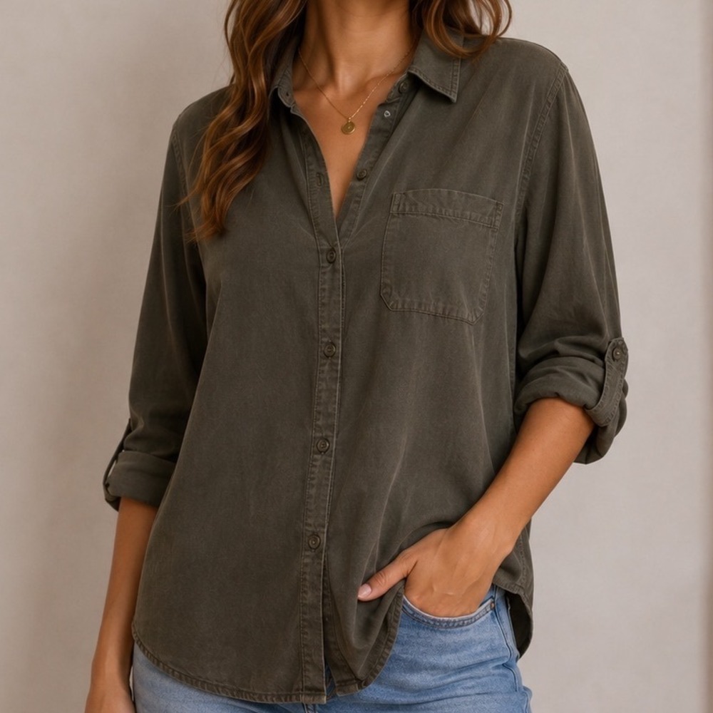 Maurices Olive Green Button Down Shirt M Rayon Utility Soft Casual Relaxed
